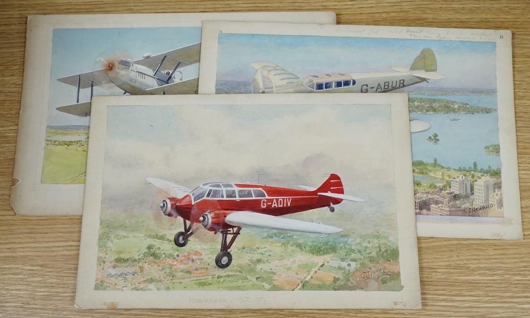 Charles Thomas Howard (1865-1942), set of four original watercolours for postcard designs, vintage aircraft, to include Monospar ST-25 and Percival Gull over Sydney, two signed, 21 x 32cm, unframed. Condition - fair to g